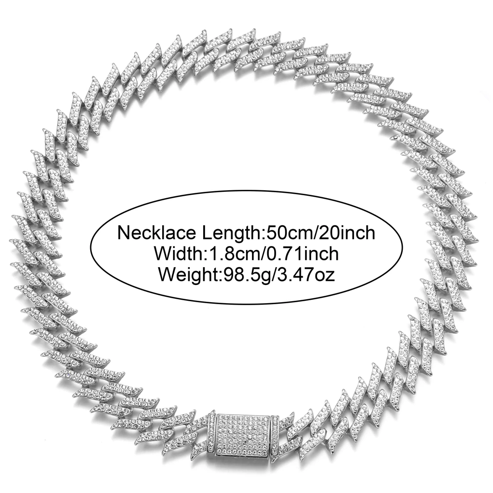 Hip Hop 18MM 2Row Thorns Cuban Link Chain Bling AAA+ Iced Out Alloy Rhinestones Bracelet Necklace For Men Women Jewelry