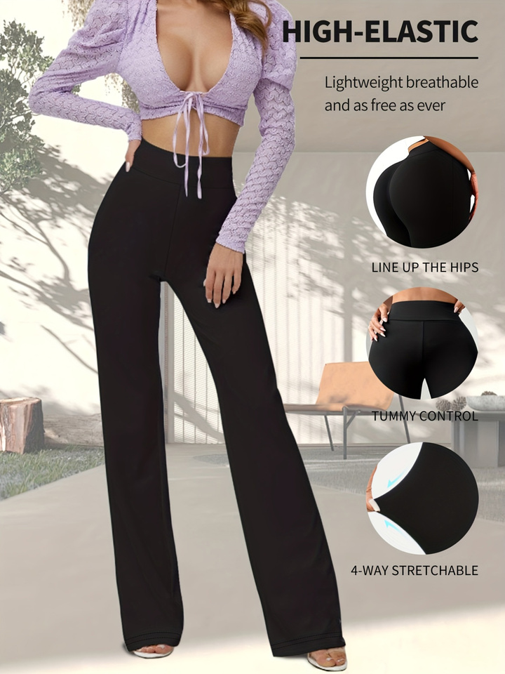 A Spring Women's Black Leggings With Slightly Flared Legs And High Waisted Elastic Compression, Suitable For Casual Sports 