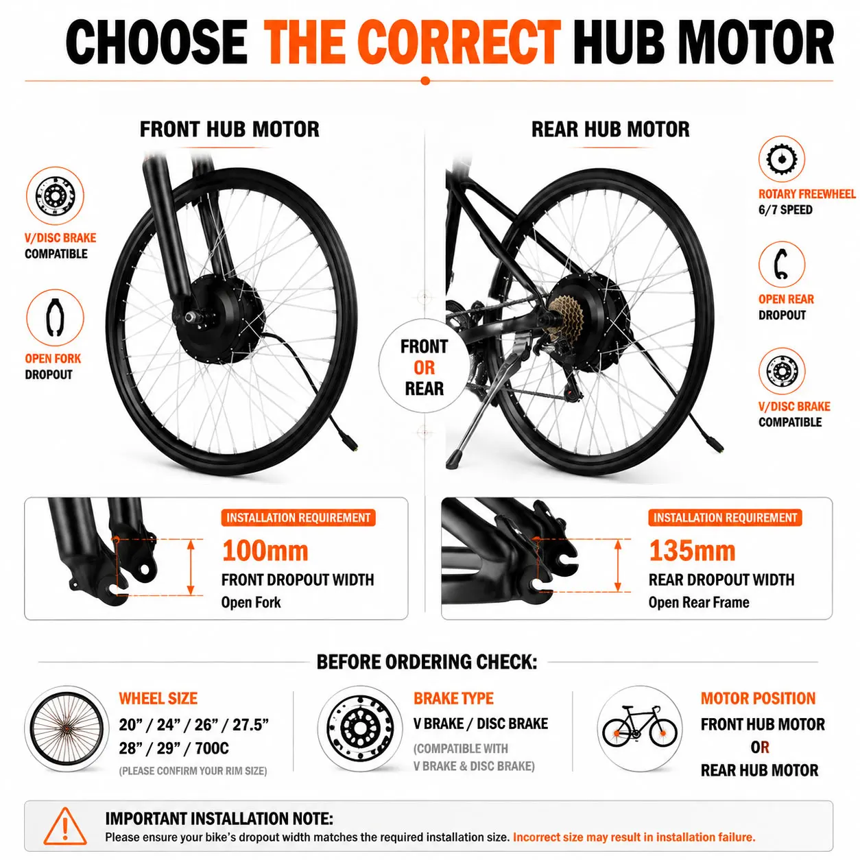 電動自転車ハブホイール,フロントおよびリアホイール,36v,48v,250w