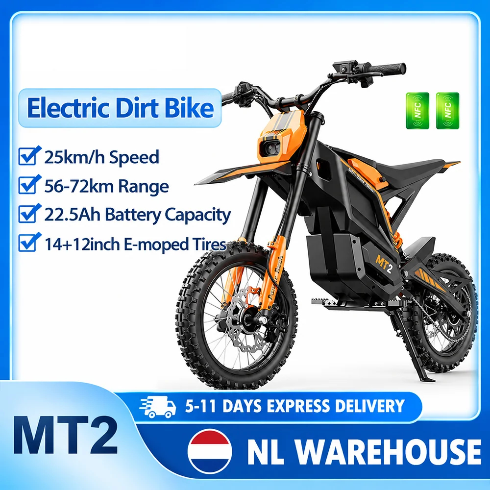 Moto électrique tout-terrain MT2 pour adultes, moto électrique 22,5 Ah avec batterie amovible, moteur à puissance maximale élevée, pneus tout-terrain 14F12R, déverrouillage NFC, écran LCD, suspension hydraulique double, autonomie de 56 à 72 km, moto électrique tout-terrain.