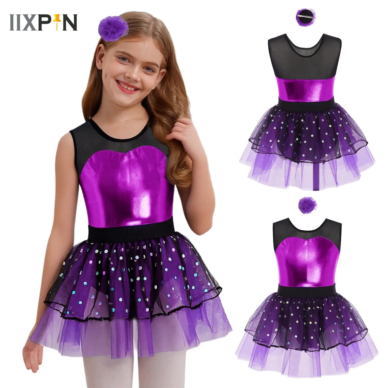 

Kids Girls Ballet Leotard Dress Sleeveless Sheer Mesh Patchwork Metallic Tutu Dress+Headwear 2Pcs Jazz Dance Performance Costume