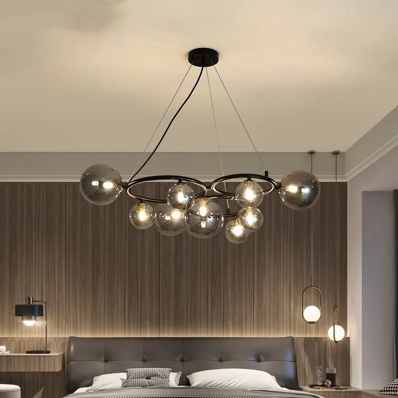 

Nordic chandelier Art Decor minimalism Bar Modern lamp molecular for Room Cycle Lamp with Bulb Smoke Gray glass ball chandelier