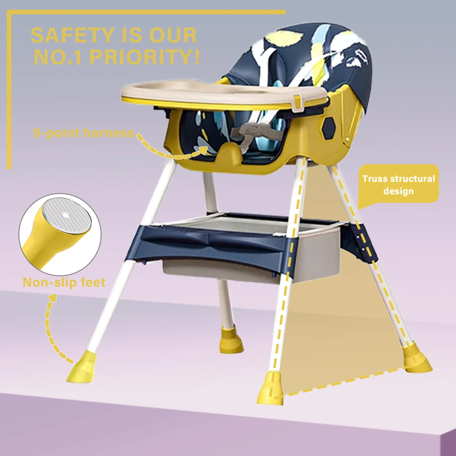 Foldable Baby High Chair with Double-Layer Dinner Plate and Toy Rack Eat & Play Convertible Dining Chairs For 6 Months Plus Baby