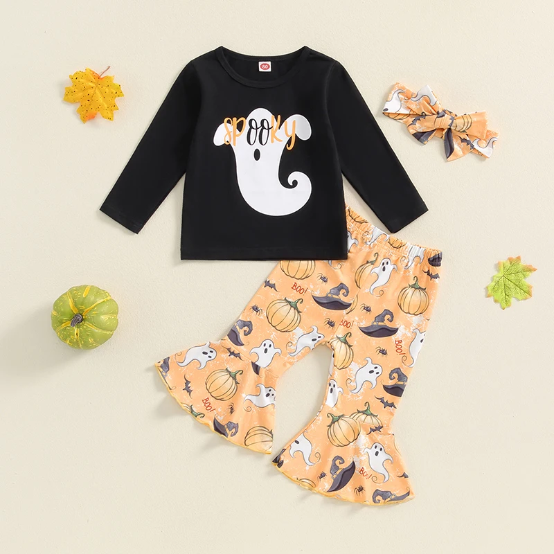 

VISgogo Kid Girls Fall Casual Clothes Set Ghost Print T-shirt with Pumpkin Print Flare Pants and Headband Halloween Clothes