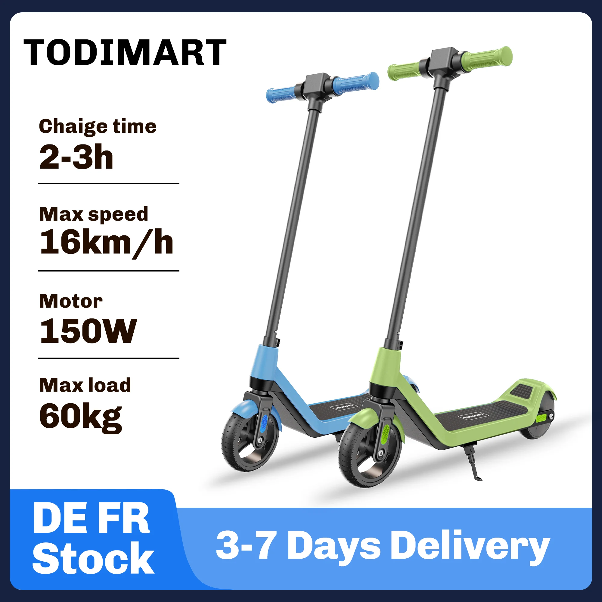Trottinette électrique TODIMART T1 pour enfants, trottinette électrique pour enfants 150W, vitesse maximale de 16 km/h, autonomie de 10 km, 3 vitesses réglables, cadeaux pour enfants