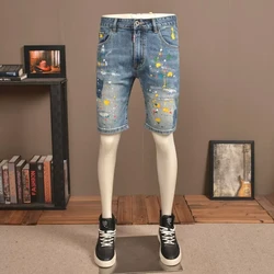 Fashion Designer Short Jeans Men Retro Blue Stretch Slim Fit Ripped Jeans Printed Designer Painted Hip Hop Denim Shorts