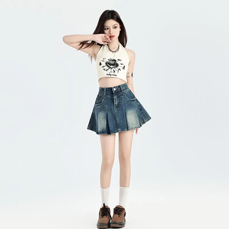 

Джинсовая юбка Spice Girls, противоскользящая двойная джинсовая юбка, женские мини-юбки, корейская эластичная утягивающая юбка трапециевидной формы с высокой талией