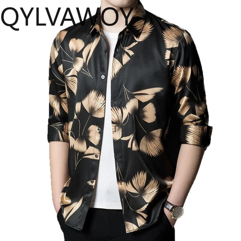 

QYLVAWOY High-end Men's Shirts Long Sleeves Shirt 90.8% Mulberry Silk Floral Shirts Spring Autumn Tops Camisas Masculina Casual
