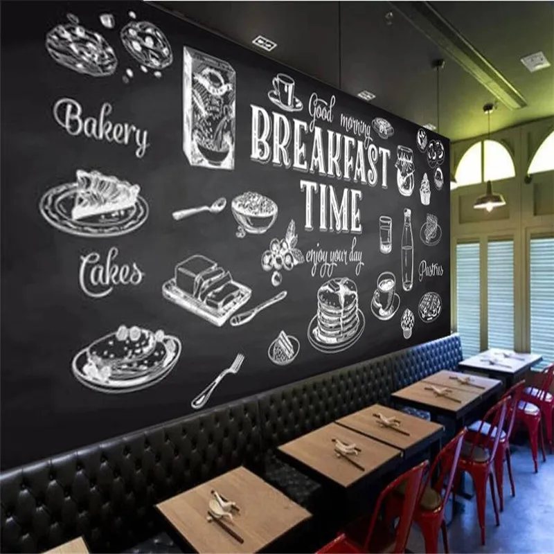 

Blackboard Hand-painted Breakfast Food Wall Paper 3D Restaurant Snack Bar Industrial Decor Mural Wallpaper Papel De Parede 3D