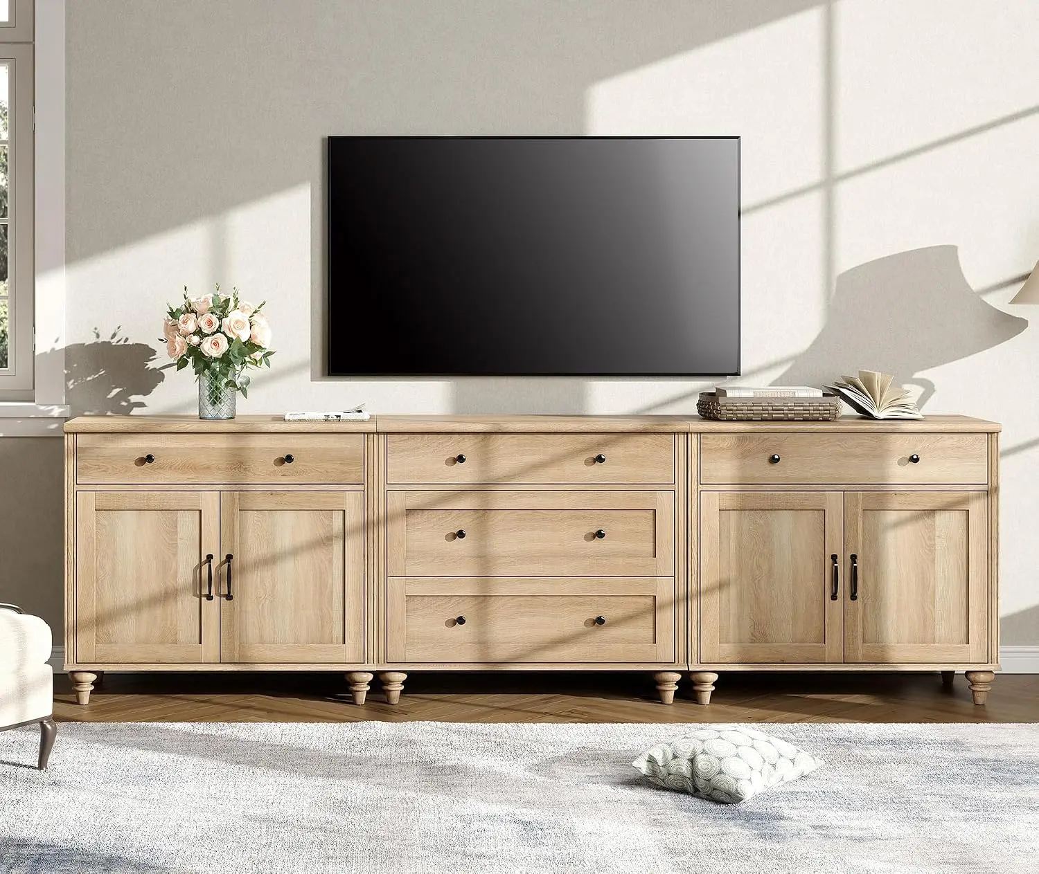 Farmhouse TV Stand With 5 Drawers & 4 Doors, Entertainment Center For 75-100 Inch TV, Dining Room, Oak, Customized