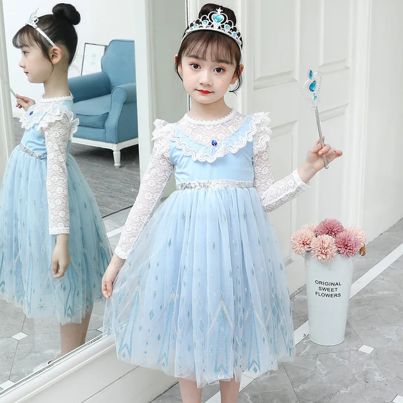 

Girls' Dress Spring New Lace Trim Long Sleeve Round Neck Tulle Dress Princess Dresswholesale