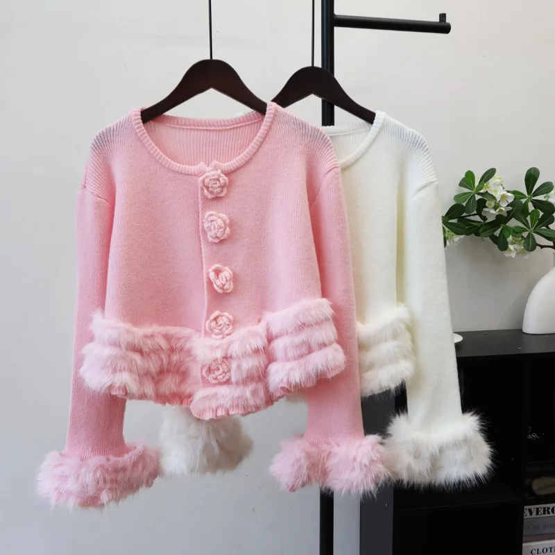 

2025 модный вязаный кардиган, пальто, женский короткий свитер, куртка, осень-зима, с круглым вырезом, с меховой аппликацией, верхняя одежда, уличная одежда