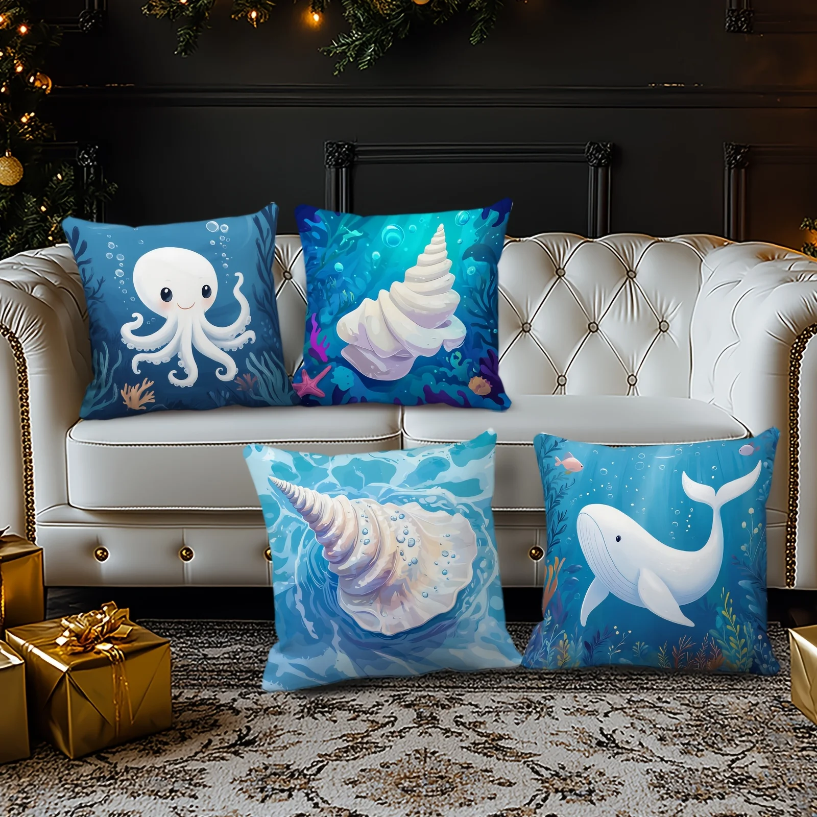 Ocean Sea Life Pillowcase Throw Cushion Cover Set for Bedroom Decor Octopus Shell Whale Nautical Marine Mermaid Tropical Waterpr