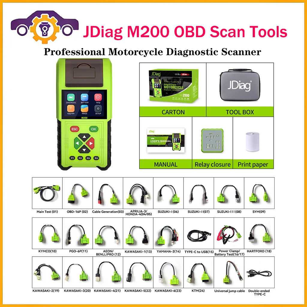 

JDiag M200 Motorcycle Diagnostic Scanner OBD2 Scan Tool Code Reader With Printer Relay WIFI Intelligent Dual System Morto Tester