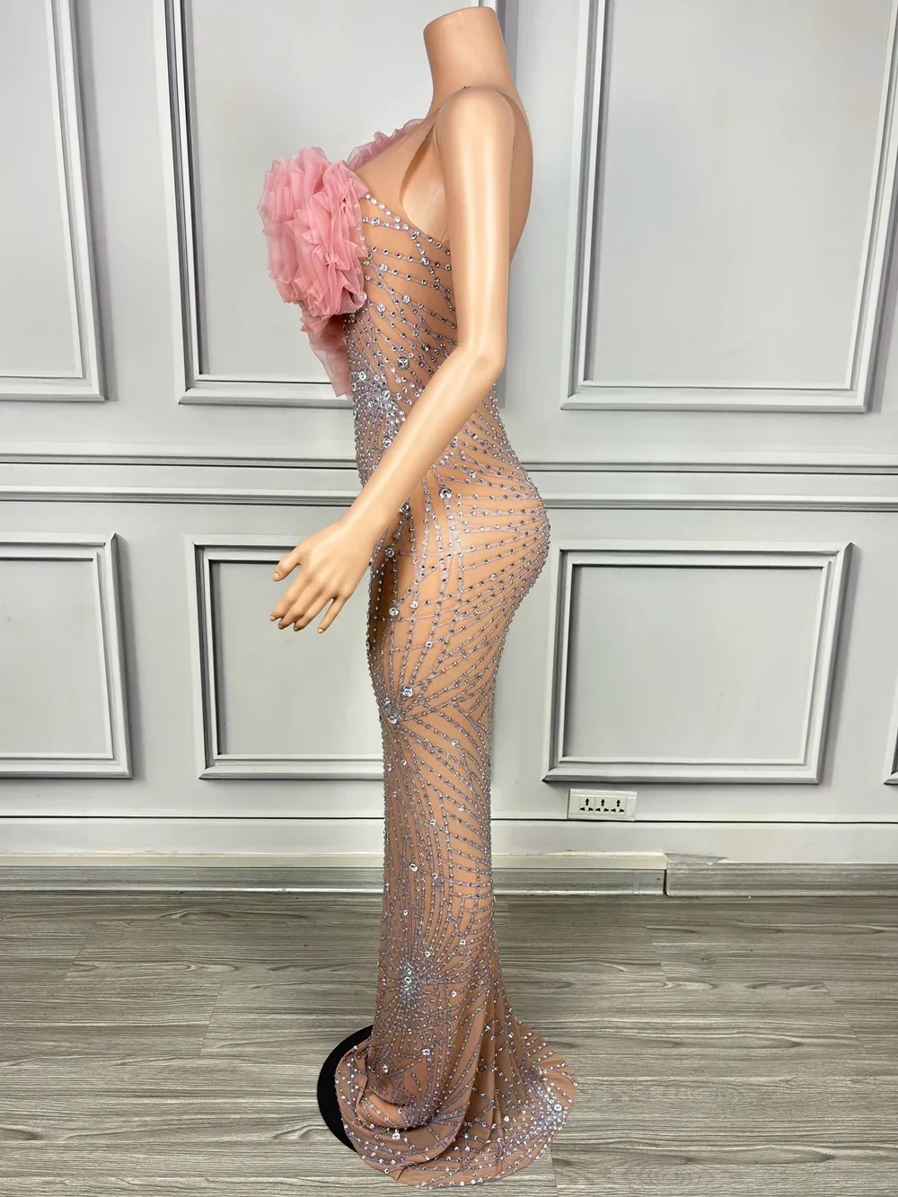 Funkelnde Strass steine langes Kleid für Frauen sexy Mesh ärmel los durchsichtig feiern Abend Abschluss ball Geburtstags kleid Fotoshooting tragen