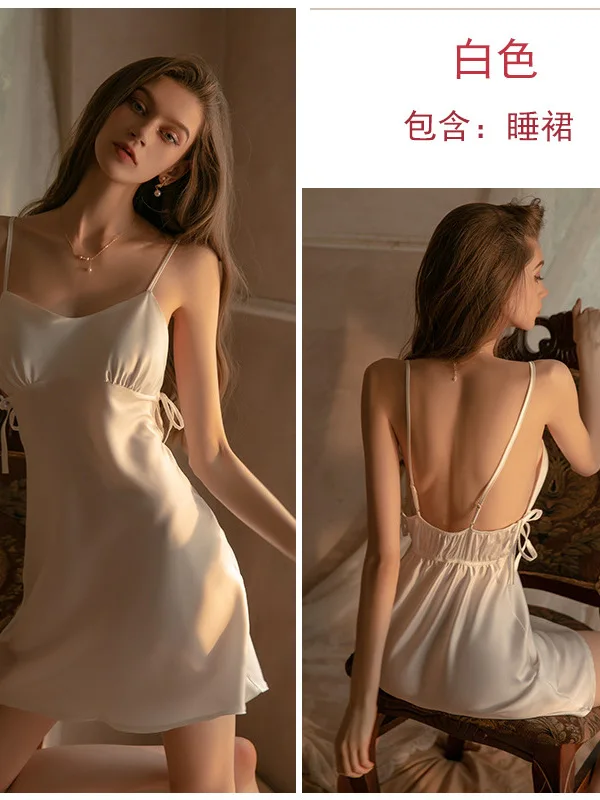 TVVOVVIN Sexy Women\'s Ice Silk Solid Color Mature Charm Elegant Gentle Waist Closing Sling Temptation Home Clothes Dress 2QPW