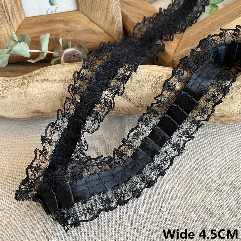 4.5CM Wide White Black Pleated Mesh Lace Fabric Frilled Needlework Satin Ribbon Lolita Princess Dolls Dress DIY Sewing Decor