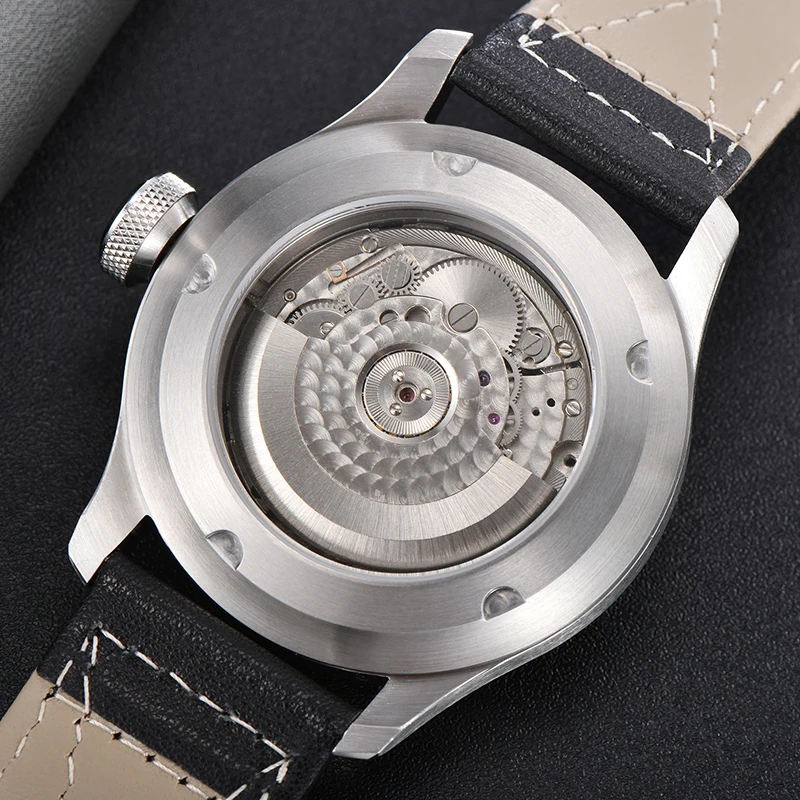 새로운 Parnis 46.5mm 블랙 다이얼 자동 기계식 남자 시계 달력 가죽 스트랩 남자 스포츠 시계 럭셔리 남자 선물 시계