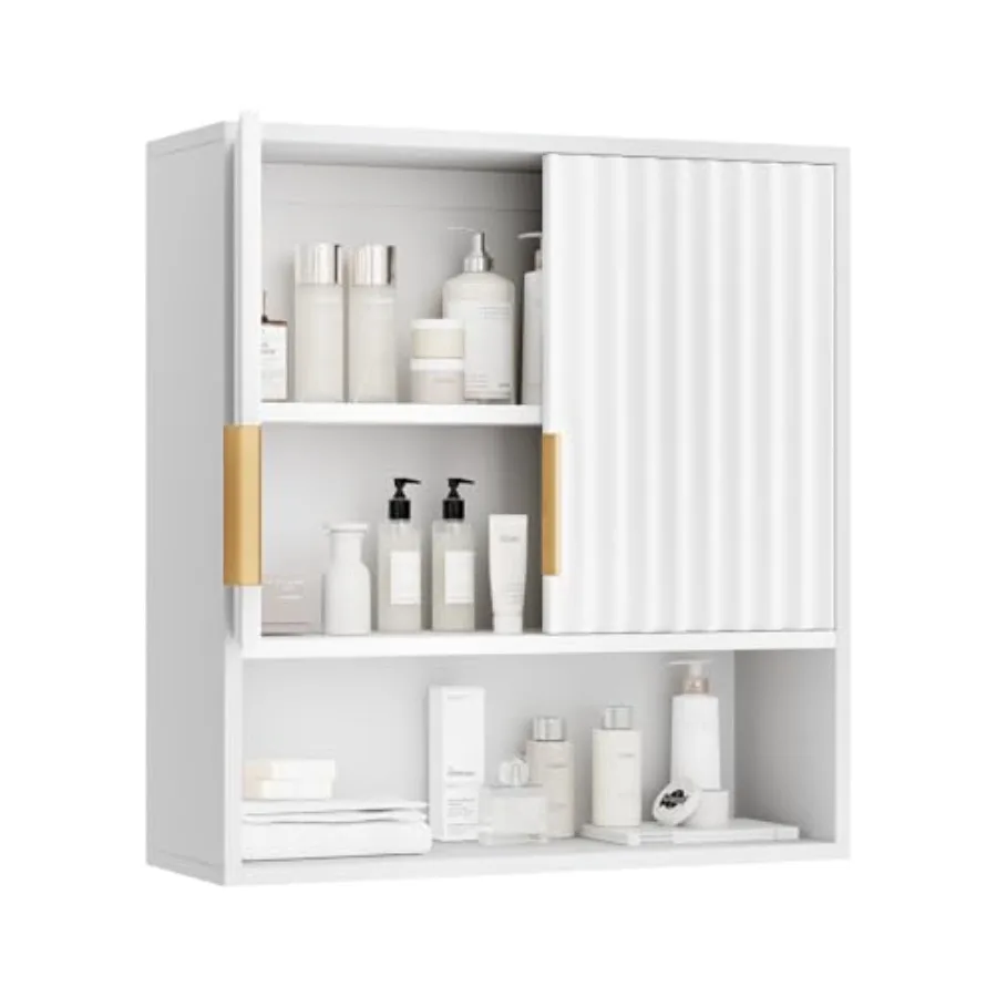 

White bathroom wall cabinet: modern fluted medicine cabinet with gold handles wall-mounted storage over toilet adjustable shelf