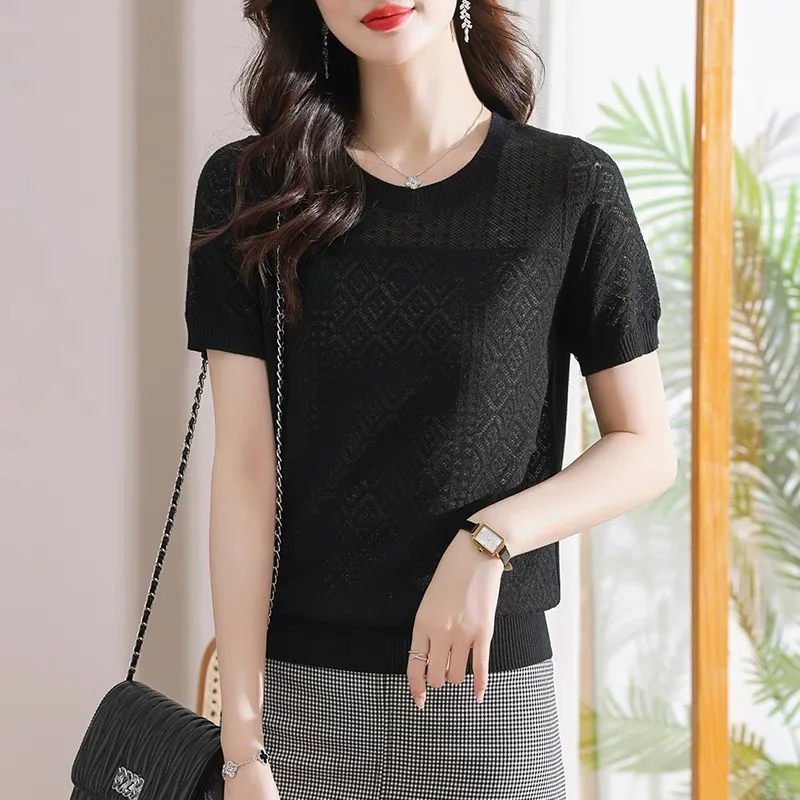 Women Korean Fashion Solid Elegant Ice Silk Knitted T-shirt 2024 New Summer Casual O Neck Short Sleeve Slim Basic Pullover Tops