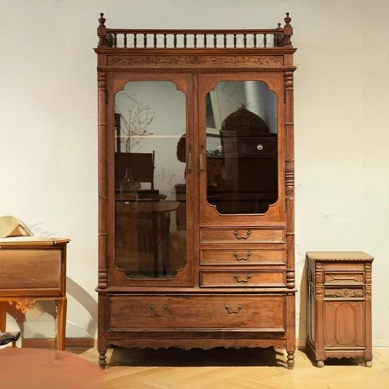 

1French storage retro dining side cabinet storage multi-functional European wall double door glass display cabinet