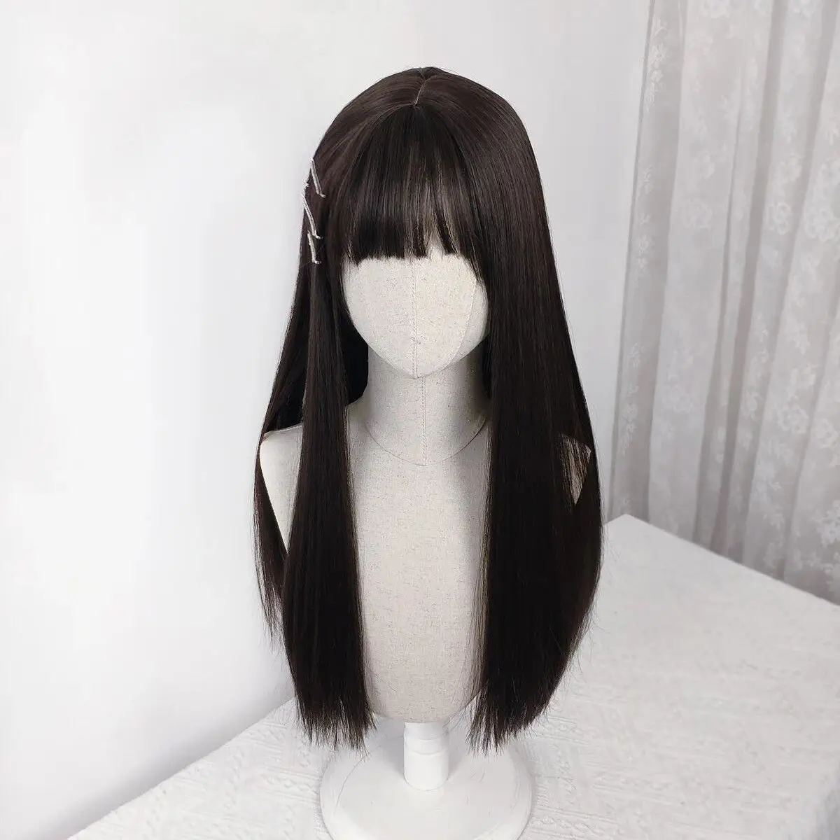 Peruka Cosplay Yu Nian'an Shi Ri Zhong Yan, czarna, długa, prosta z grzywką, peruka na całą głowę