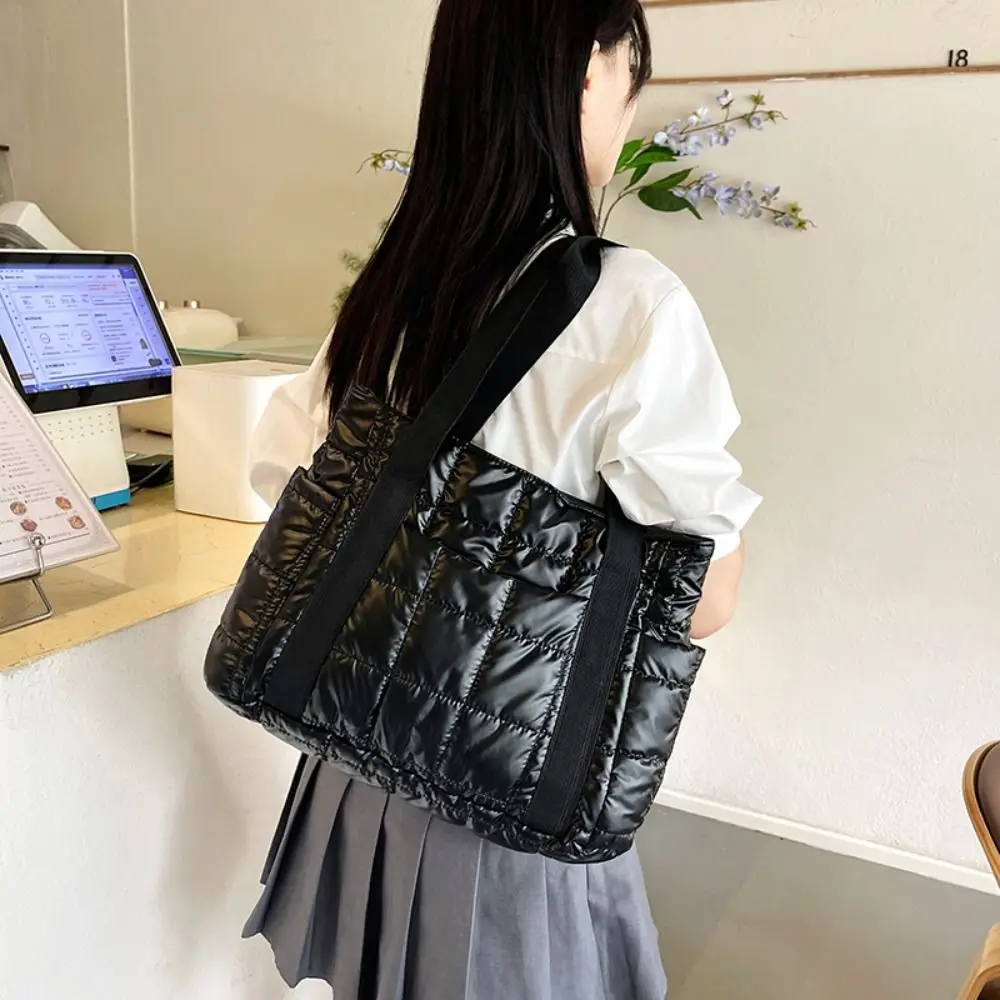 

Пуховая хлопковая сумка на плечо в корейском стиле, большая вместительная клетчатая пухлая сумка, однотонная легкая большая сумка с хлопковой подкладкой