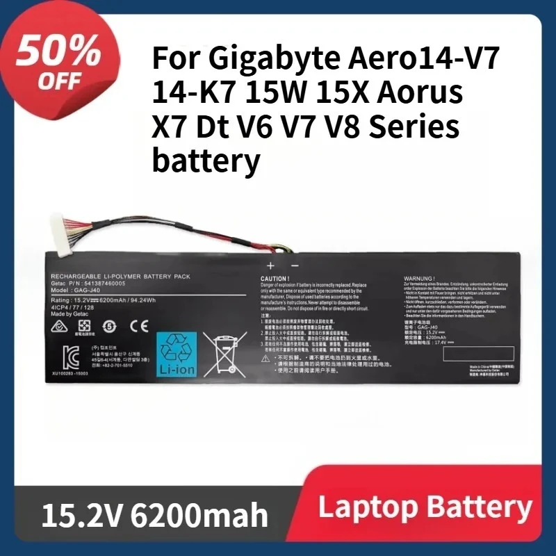 

GAG-J40 Laptop Battery for Gigabyte Aero14-V7 14-K7 15W 15X for Aorus X7 Dt V6 V7 V8 Series 15.2V 94.24Wh 6200mAh Laptop Battery