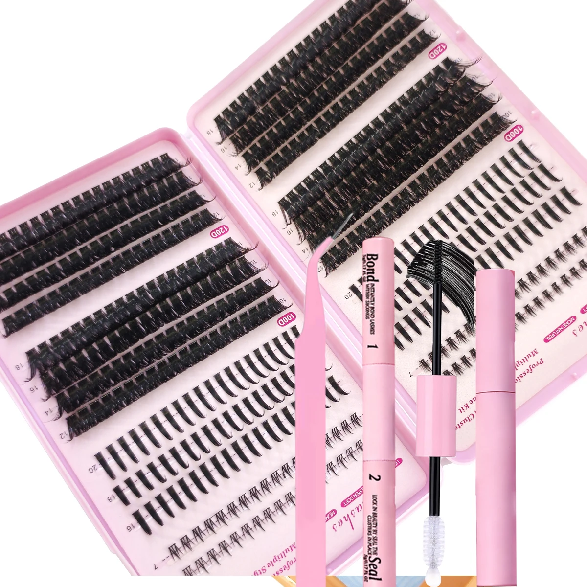 DIY Lash Extension Lash Clusters Individuelle explosive Wimpern mit Bond & Seal Remover Pinzette Wimpernbürste für Selbstanwendungen