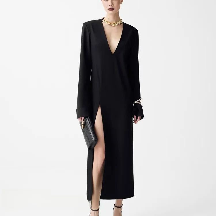 

Сексуальное вечернее платье с глубоким V-образным вырезом, длинными рукавами, высокой талией, разрезом, облегающее, модное, А-силуэт, для свиданий и повседневной носки