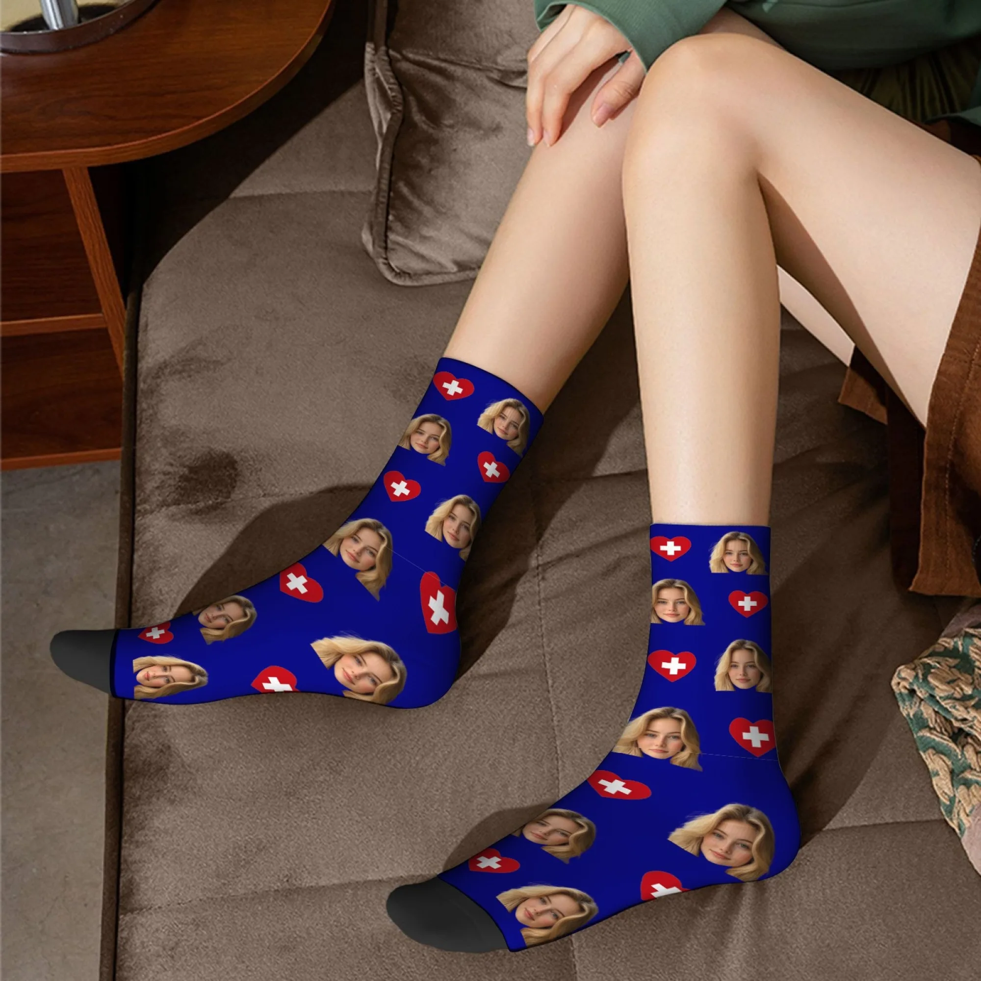 Custom Your Face Swiss Flag Socks Personalized Photo Print Blue Stockings Novelty Gift for Swiss Fans view 5
