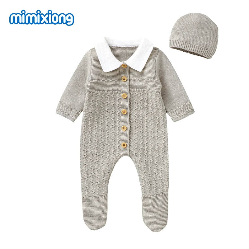 Newborn Baby Rompers Clothes Solid Long Sleeves Knit Infant Boys Girls Jumpsuits Hats Outfits Sets 0-18m Toddler Unisex Costumes