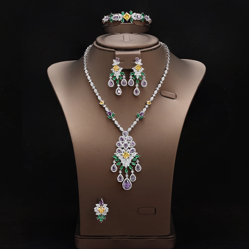 HIBRIDE New Charming Elegant Necklace Earrings Bracelet 4 Piece Jewelry Set Suitable for Nigerian Women Wedding Event Gift S-959