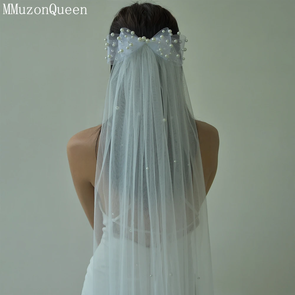 

MMQ M39 1 Tier Bow Bridal Veil Beaded Wedding Veil Pearls Tull Yarn White One Layer elegant wedding headdress