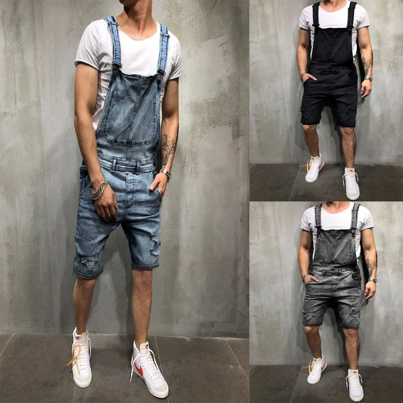 

Original Design Fashion Men's Suspender Jeans Torn Denim Shorts Popular Work-wear Midi Straight Pants Short Jumpsuit