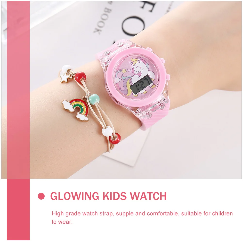 1Set Watch Adjustable Silicone Electric Wristwatch Cartoon Unicorn Pattern Glowing Watch Comfortable