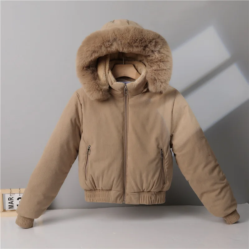 

Corduroy Hooded Cotton Jacket For Women Winter Faux Fur Collar Plush Coat American Fashion High Street Zipper Thicken Overcoat