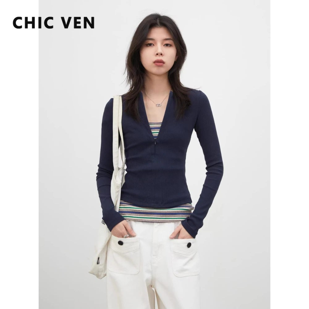 CHIC VEN New Women T-Shirts V-neck Knit Tees with Contrasting Stripes Female Tank Top Slim Fit for Woman Spring Summer 2026