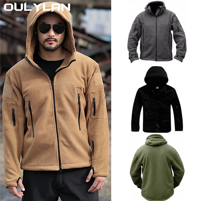 Oulylan Warm Fleece Tactical Jacket Mens Army Jackets Windbreaker Outdoor Work Jacket Hiking Hooded Coat Zipper Pocket Outwear