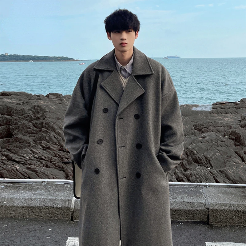 Long Windbreaker Men Autumn Winter Long Wool Coat Double-breasted Loose Korean Casual Coat Men's Clothing New