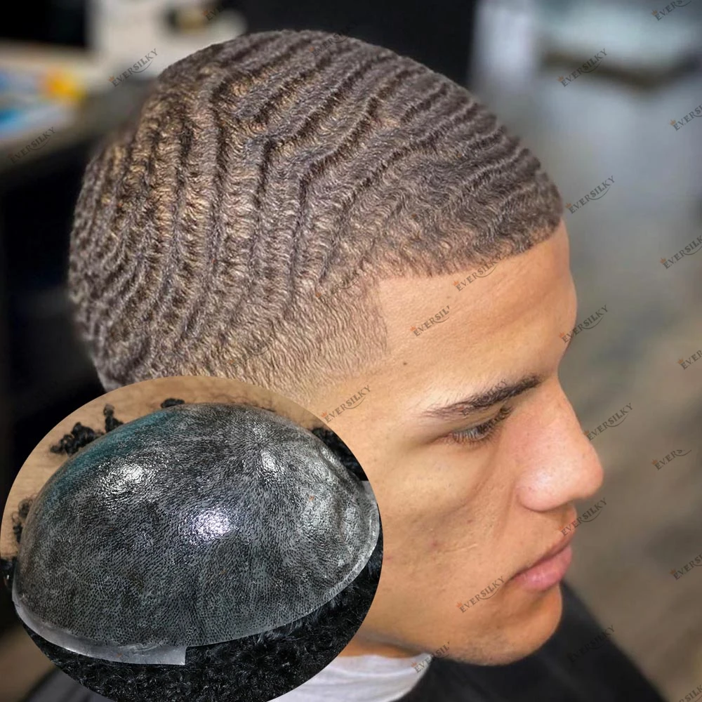 

360 глубокая волна афро мужская прическа шиньоны темно-коричневый 8 мм 10 мм 12 мм необнаружимая основа для кожи протез человеческих волос черный Menwig