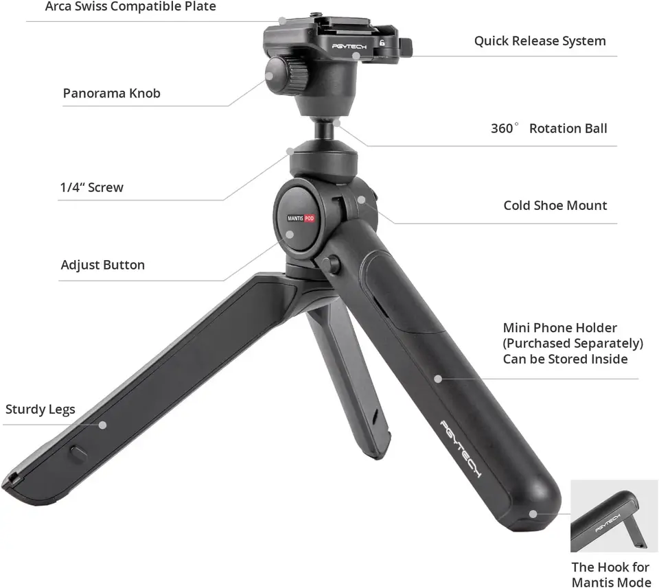 スマホアクセサリー PGYTECH-JAPAN – ブラック）多機能ミニ三脚 2.0（クラシック MANTISPOD 2.0 MANTISPOD PGYTECH スマホアクセサリー