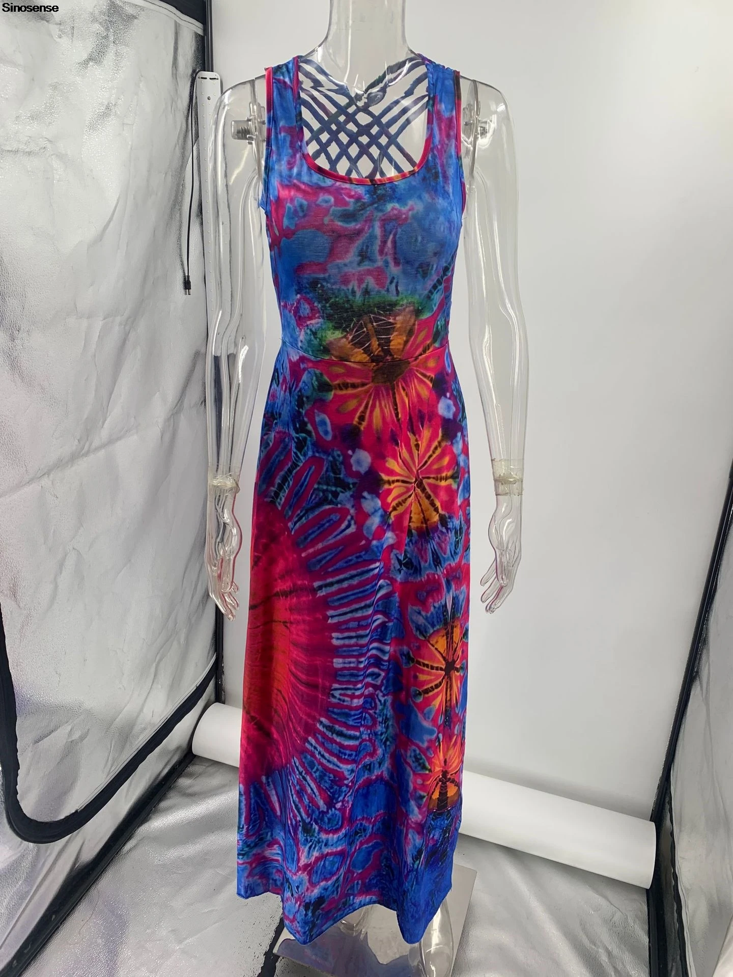 Dames Tie Dye Print Maxi Jurk Sexy Rugloze Criss Cross Terug Zomer Boho Strand Roeping Flowy Jurk Elegante Partij Formele Jurk