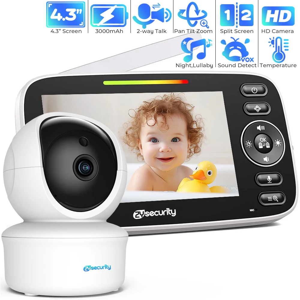 4.3 Inch Baby Monitor Split Screen Pan Tilt Zoom Baby Camera Two-way Intercom Night Vision Baby Phone No WiFi Battery VOX Mode