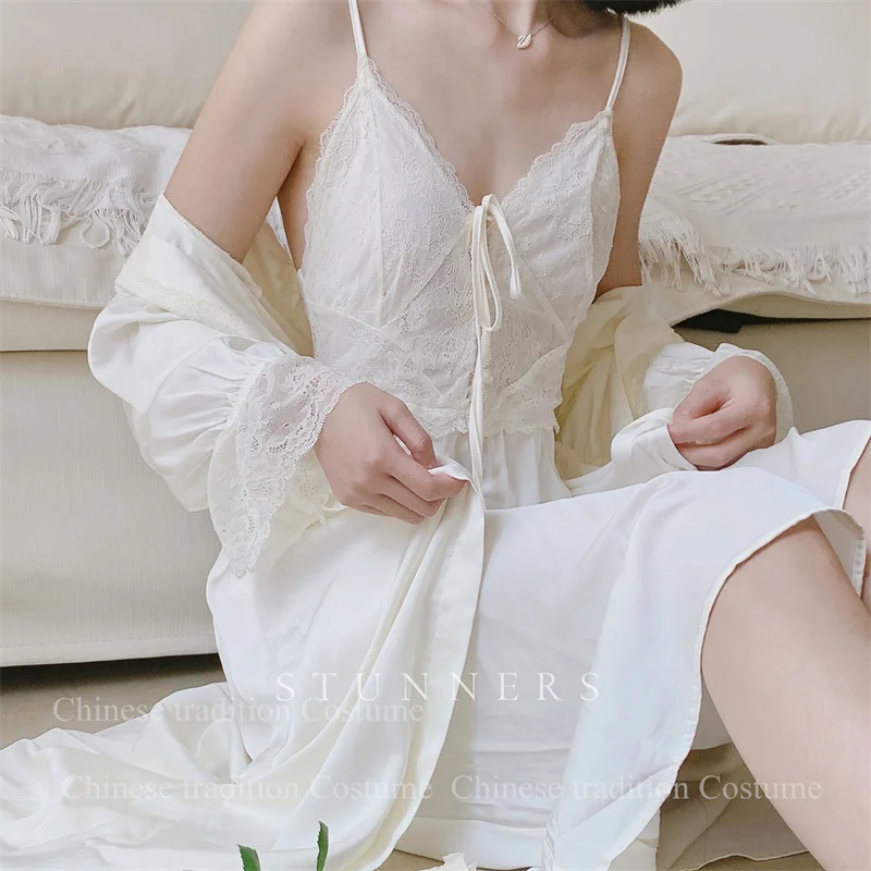 Elegant Palace Style Robe Suit Soft Rayon Home Dressing Gown Female Sexy Suspender Nightgown Long Kimono Bathrobe Suit Lingerie