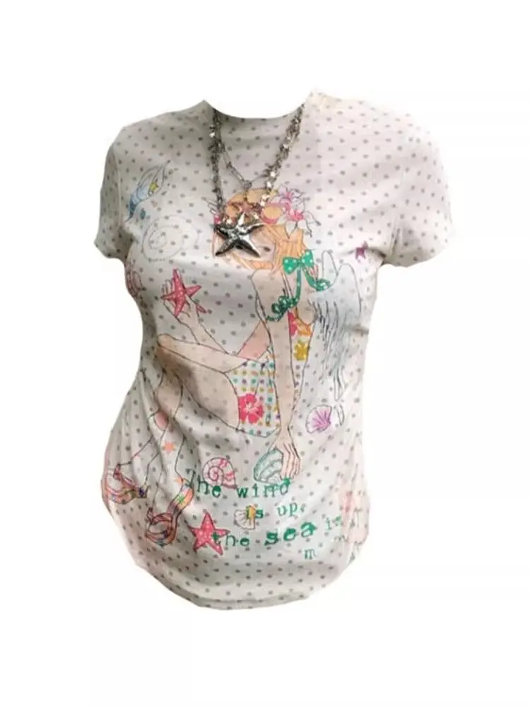 New O-neck Top for Women Y2k Slim Fit All-match Tee Shirt Gray White Wave Point Print Short Sleeve T-shirts 2026 Summer