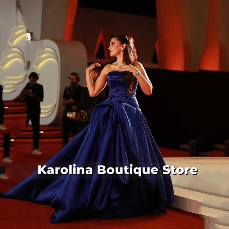 

Dark Satin Evening Dress Strapless A Line Prom Party Gowns Celebrity Women Saudi Arabia Fomal Occasion Dress Customized