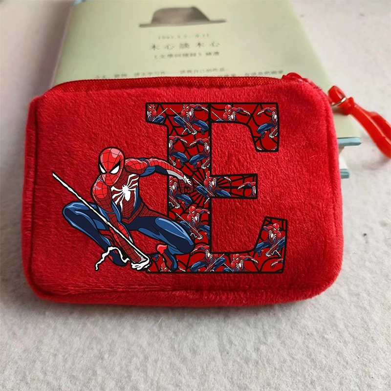 Marvels SpiderMans Kids Plush Coin Purse Boys Kawaii 26 Letter Printed Wallet Kids Portable Mini Storage Bag Child Birthday Gift