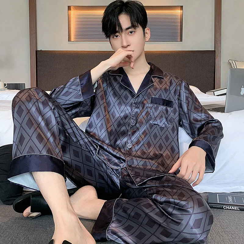 ملابس نوم بيجامات رجالية للخريف من الحرير الجليدي بأكمام طويلة بنطلون فضفاض مقاس كبير ملابس نوم حريرية للربيع والخريف #1