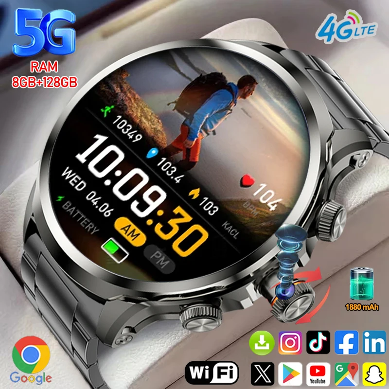 

5G/4G Full Netcom Smart Watches 680*680 AMOLED 8GB+128GB RAM 1880mah Battery 900W Camera GPS WIFI Google APP Download Smartwatch